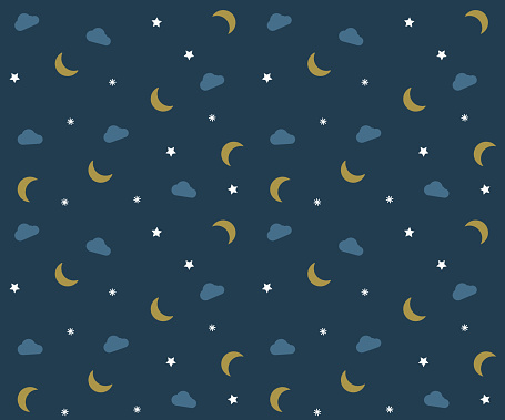 Night pattern with clouds, moons and stars. Vector background wallpaper with bedtime elements