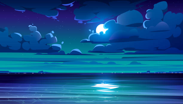 Night sea landscape with coastline and moon in sky Night sea landscape with moon, stars and clouds in dark sky. Vector cartoon illustration of midnight scene with ocean, with coastline silhouette on horizon and moonlight reflection in water sleeping backgrounds stock illustrations
