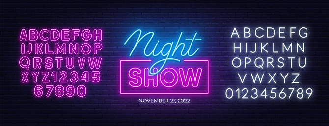 Night show neon sign on brick wall background. Pink and white neon alphabets. Template for the design.