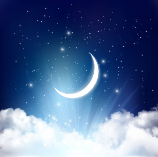Night sky background with with crescent moon and stars. Vector Night sky background with with crescent moon, clouds and stars. Vector sleeping backgrounds stock illustrations