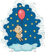Scalable vectorial representing a night stars blue illustration with teddy bear flying holding a balloon, children’s illustration for your design.