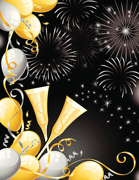 Nighttime Celebration Champagne glasses, balloons of silver and gold on a fireworks background. happy new year golden balloons with champagne stock illustrations