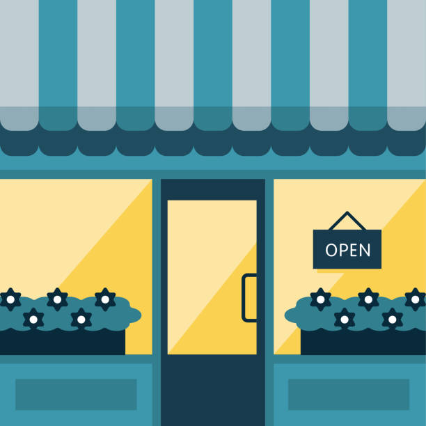 Nighttime Storefront Illustration Illustration of retail storefront in flat color style. Vector artwork is easy to colorize, manipulate, and scales to any size. awning window stock illustrations