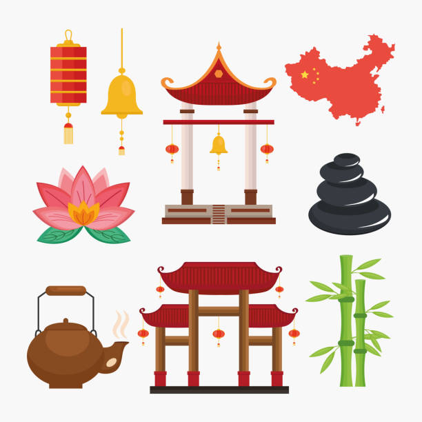 neun china-kultur-ikonen - kannestein stock-grafiken, -clipart, -cartoons und -symbole