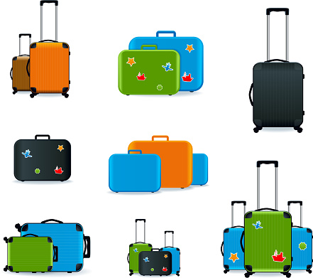 Nine different colored and shaped suitcases