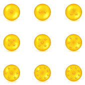 nine golden ball and star isolated on white background. vector illustration.