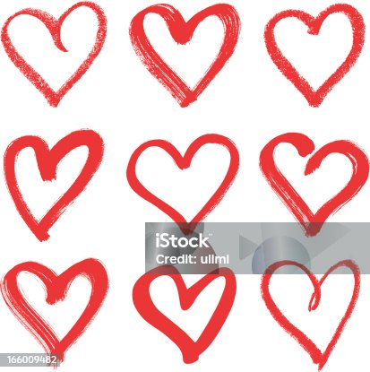 istock Nine hand drawn red hearts with different thicknesses 166009482