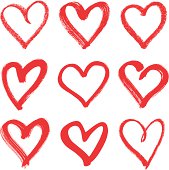 istock Nine hand drawn red hearts with different thicknesses 166009482