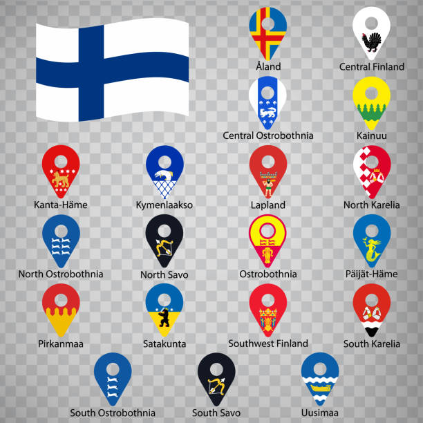 19旗芬蘭地區 - 字母順序與名稱。 一套 2d 地理位置標誌，如芬蘭地區的標誌。 19個2d地理標誌，供您的設計使用。每股收益10 - 北卡累利阿區 芬蘭 幅插畫檔、美工圖案、卡通及圖標