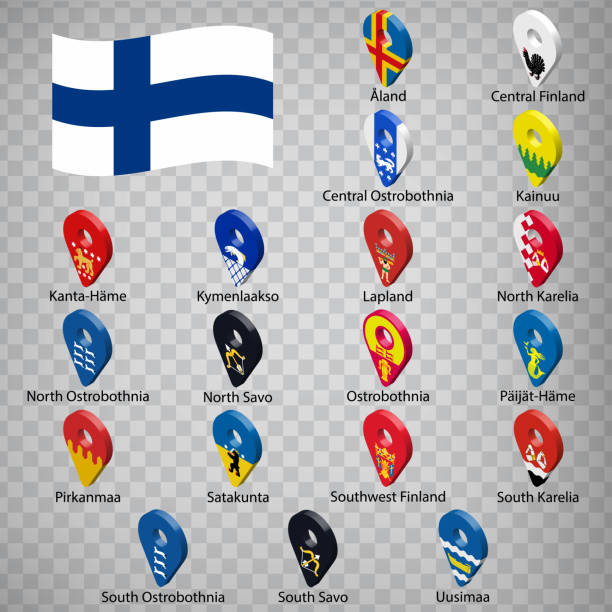 19旗芬蘭地區 - 字母順序與名稱。 一套3d地理位置標誌，如芬蘭地區的標誌。 19個3d地理位置標誌，供您設計。每股收益10 - kainuu region 幅插畫檔、美工圖案、卡通及圖標