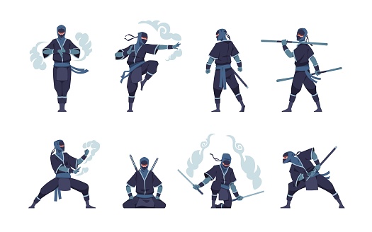 Ninja character. Fighting Japanese warrior with ancient weapon. Shinobi mascot standing in fight pose or meditating. Man training attack with air tails. Vector assassins positions set