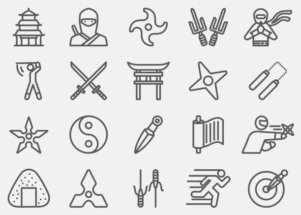 illustrations, cliparts, dessins animés et icônes de icônes de ligne ninja - ninja