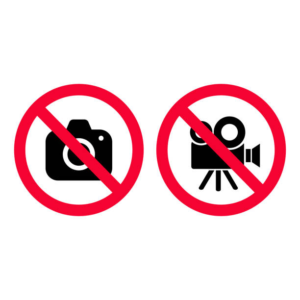 ないカメラとビデオ赤禁止の標識。写真を撮ると記録できません。撮影兆候はないです。ビデオカメラの兆候はないです。 - 警告標識 写真点のイラスト素材／クリップアート素材／マンガ素材／アイコン素材