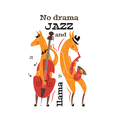No drama jazz and llama. Cute card with llamas are playing on the double bass and saxophone. Bright vector clipart in mid-century style.
