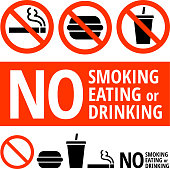 No Eating, Smoking, or Drinking Sign on Buttons and Banners