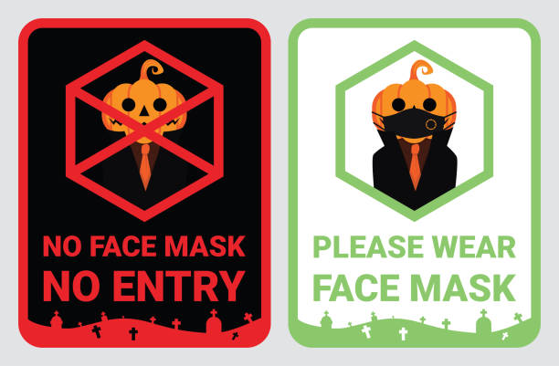 ilustrações de stock, clip art, desenhos animados e ícones de no face mask, no entry to protect & prevent from coronavirus or covid-19. warning sign vector for notice people or visiter beware and wear face mask before enter the stores, supermarkets on halloween - covid cemiterio