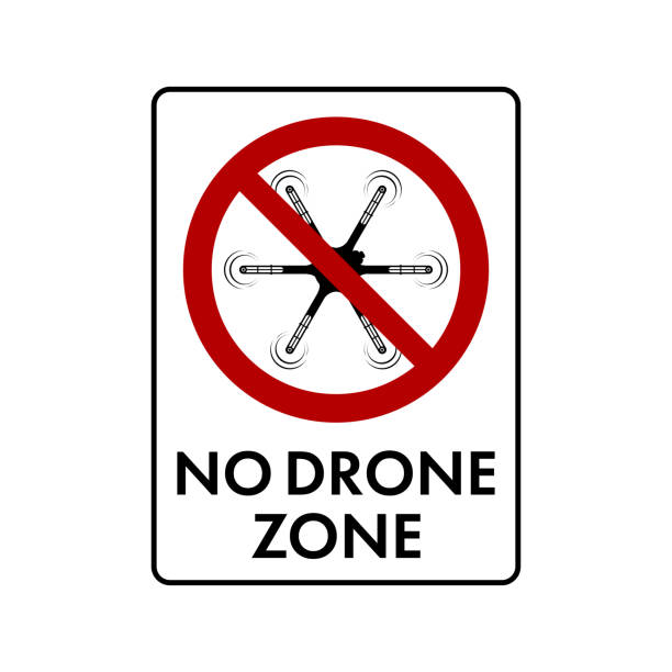 No fly drones prohibition sign. Quadcopter top view isolated on white. Vector illustration No fly drones prohibition sign. No symbol, do not sign, circle backslash symbol, quadcopter top view isolated on white. Vector illustration. drone borders stock illustrations