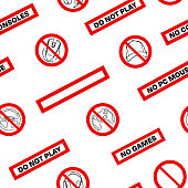 istock No games. No consoles. No gamepad seamless pattern. No joystick sign. Forbidden gamepad icon. Prohibited gaming icon set, line sign design. Do not play games. Stickers. Line concept art with izolated back 1166885829