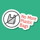 istock no more plastic bag color vector eco sticker. no more plastic bag sticker with lettering. color filled sticker with shadow on green. go green, no plastic and zero waste eco friendly concept 1368802473