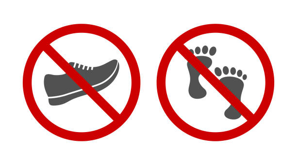 no shoes warning sign no shoes fotbidden warning sign isolated on white background bare feet stock illustrations