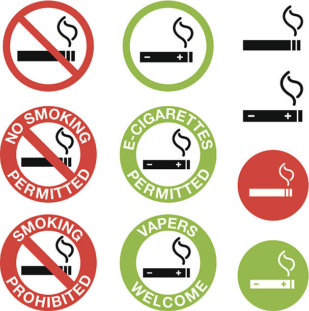 No Smoking, E-Cigarettes Only Signs A set of simple 'No Smoking' and 'E-Cigarettes Only' signs. No gradients or transparencies were used. electronic cigarette stock illustrations