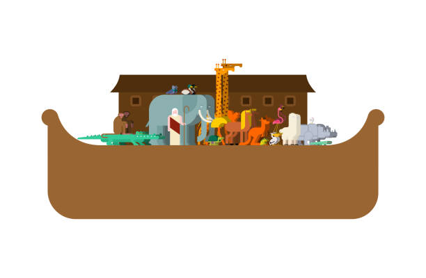 ilustrações de stock, clip art, desenhos animados e ícones de noah ark and animals. pairs of beasts. rescue from flood. big ancient ship from bible. biblical boat - arca