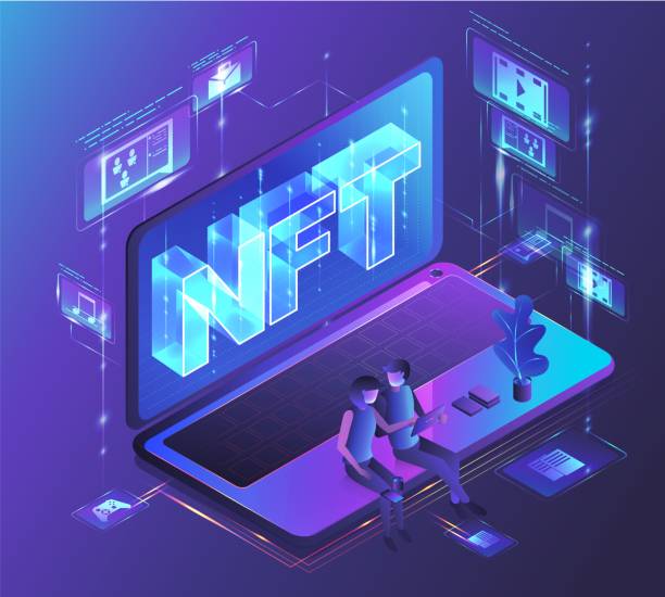 NFT non fungible token, digital crypto art blockchain technology, vector isometric illustration, neon light design. vector art illustration
