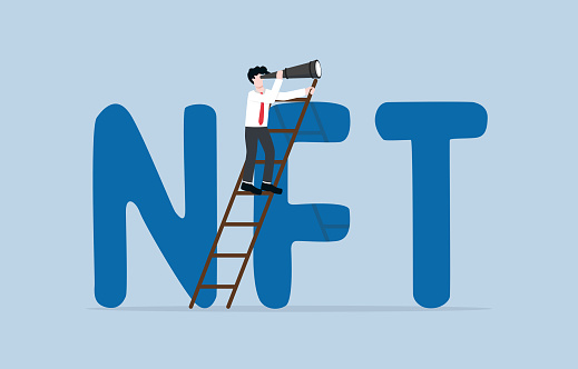 Non fungible token investment opportunity, survey NFT market for speculating, or new alternative way to increase income concept. Businessman with telescope climb up word NFT to seek opportunity.