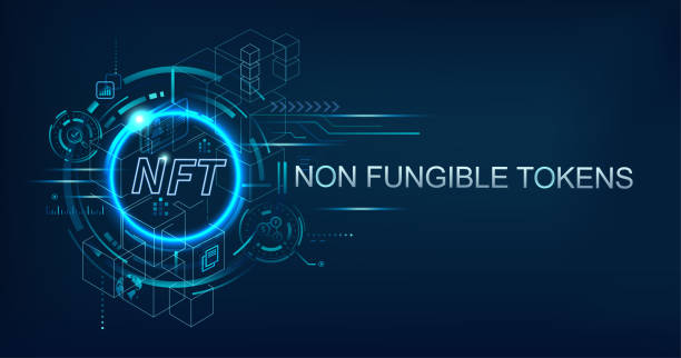 логотип баннера nft non fungible tokens для бизнес-технологий, криптовалюты, блокчейна, уникальных цифровых элементов, крипто-арта и цифровых активов - nft stock illustrations