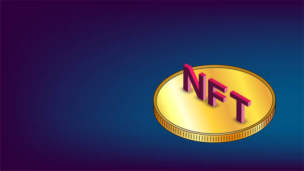 nft 비 곰팡이 토큰 은 파란색 배경과 복사 공간에 금 등색 동전인인포그래픽을 제공합니다. 게임이나 예술에서 고유 수집품에 대한 지불. 벡터 그림입니다. - nft stock illustrations