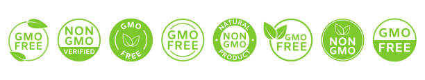 Non GMO labels. GMO free icons. Healthy organic food concept. No GMO design elements for tags, product packag, food symbol, emblems, stickers. Eco, vegan, bio. Vector illustration Non GMO labels. GMO free icons. Healthy organic food concept. No GMO design elements for tags, product packag, food symbol, emblems, stickers. Eco, vegan, bio. Vector illustration. genetic modification stock illustrations