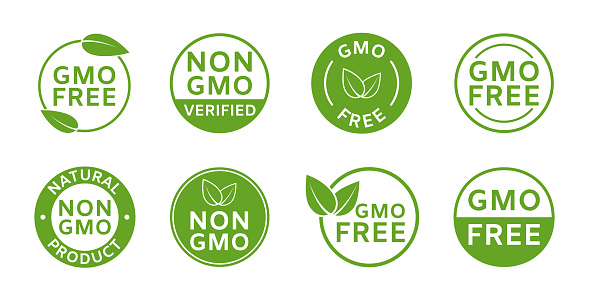 Non GMO labels. GMO free icons. Healthy organic food concept. No GMO design elements for tags, product package, emblems, stickers. Agriculture food symbol. Eco, vegan, bio stamp. Vector illustration.