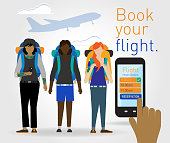 Young female adults using a phone app to book a commercial flight