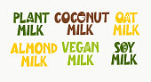 Non-dairy plant based vegan milk alternative lettering designs. Almond, coconut, oat and soy milk