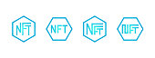 NFT non-fungible blue token logo set. Online money for buy exclusive art icon collection. Pay for unique collectibles in games. Blockchain technology crypto coins. Vector isolated eps illustration