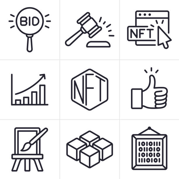 nft не-fungible токены цифрового искусства криптовалюта аукцион символы и иконы - nft stock illustrations