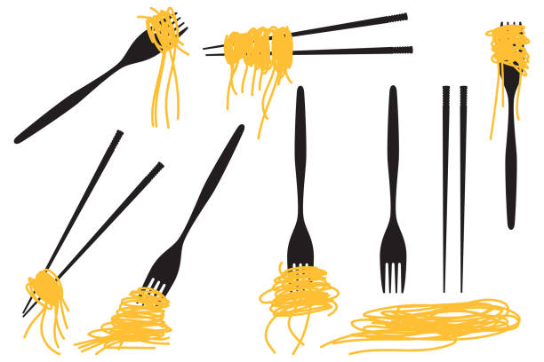 Noodle and spaghetti on chopsticks and fork vector set isolated on a white background. Noodle and spaghetti on chopsticks and fork vector set. pasta clipart stock illustrations
