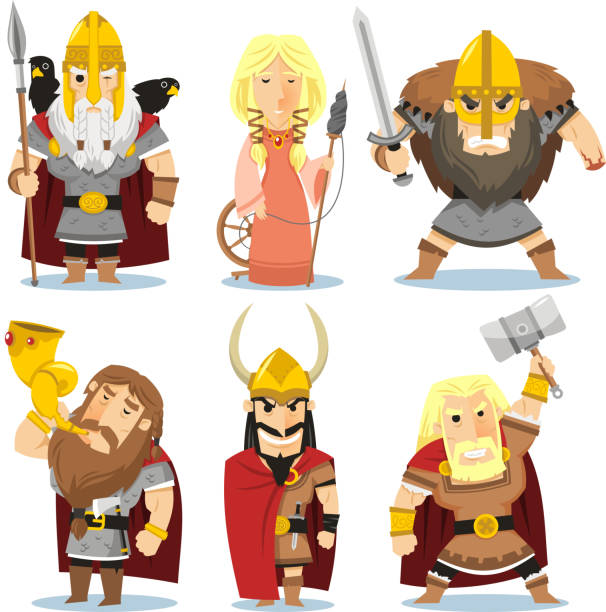 stockillustraties, clipart, cartoons en iconen met nordic gods norse mythology thor odin freyja freyr loki tyr - god