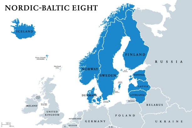 Nordic-Baltic Eight (NB8) member states political map Nordic-Baltic Eight (NB8) member states political map. Regional co-operation format of Denmark, Estonia, Finland, Iceland, Latvia, Lithuania, Norway and Sweden. English labeling. Illustration. Vector. scandinavia stock illustrations
