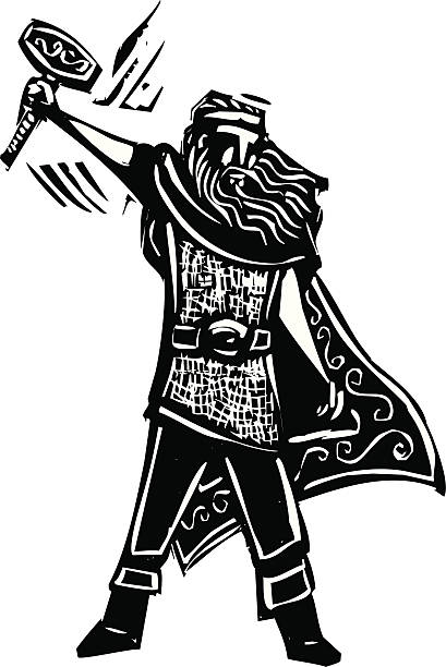 Norse God Thor Woodcut style image of the Viking God Thor thor hammer stock illustrations