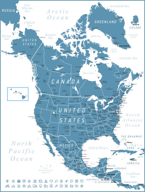 peta amerika utara. vektor amerika serikat, kanada, dan meksiko dengan ikon navigasi - amerika serikat amerika utara ilustrasi stok