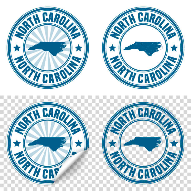 North Carolina - Blue sticker and stamp with name and map Map of North Carolina on a blue sticker and a blue rubber stamp. They are composed of the map in the middle with the names around, separated by stars. The stamp at the top right is created in a vintage style, a grunge texture is added to create a vintage and realistic effect. Vector Illustration (EPS10, well layered and grouped). Easy to edit, manipulate, resize or colorize. Please do not hesitate to contact me if you have any questions, or need to customise the illustration. http://www.istockphoto.com/portfolio/bgblue north carolina us state stock illustrations