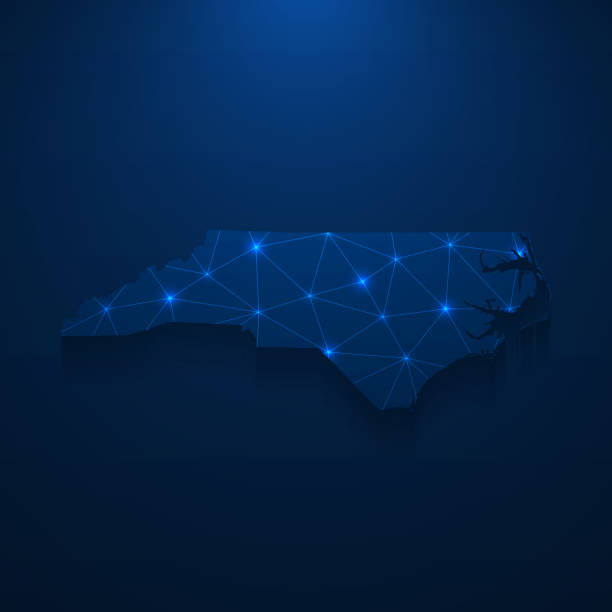North Carolina map network - Bright mesh on dark blue background Map of North Carolina created with a mesh of thin bright blue lines and glowing dots, isolated on a dark blue background. Conceptual illustration of networks (communication, social, internet, ...). Vector Illustration (EPS10, well layered and grouped). Easy to edit, manipulate, resize or colorize. north carolina us state stock illustrations