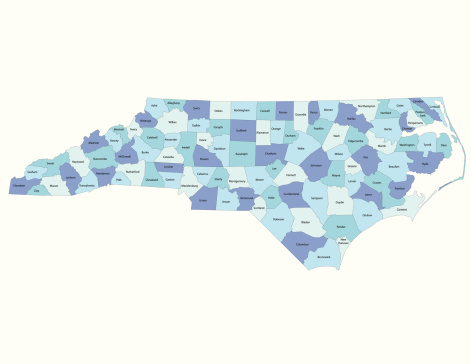 Detailed state-county map of North Carolina. This file is part of a series of state/county maps.  Each file is constructed using multiple layers including county borders, county names, and a highly detailed state silhouette. Each file is fully customizable with the ability to change the color of individual counties to suit your needs.  Zip contains both .AI_CS2 and .ESP_8.0 as well as a large JPEG file.  Map generated using data from the public domain.  (http://www.census.gov/geo/www/tiger/) Traced using Adobe Illustrator CS2 on 7/28/2006. 3 data layers.