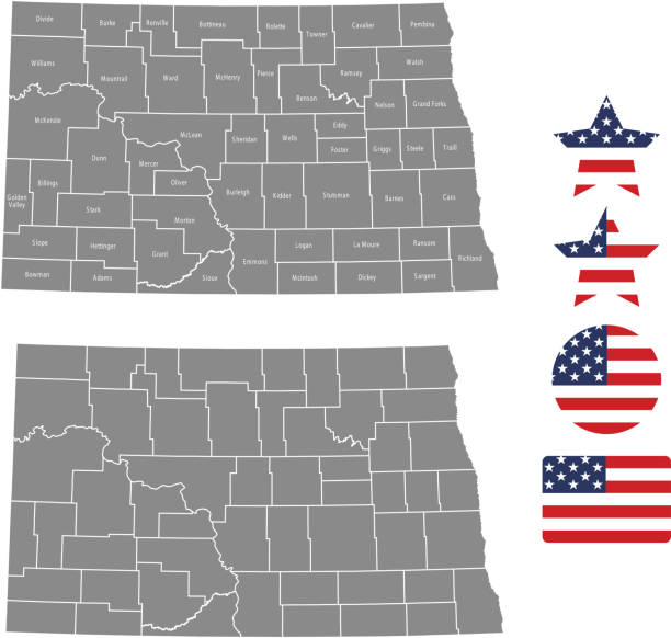 North Dakota county map vector outline in gray background. North Dakota state of USA map with counties names labeled and United States flag icon vector illustration designs The maps are accurately prepared by a GIS and remote sensing expert. north dakota stock illustrations