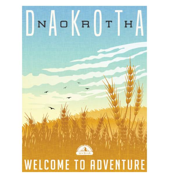 North Dakota, United States travel poster or luggage sticker. Scenic illustration of golden wheat fields with blackbirds and cirrus clouds overhead. North Dakota, United States travel poster or luggage sticker. Scenic illustration of golden wheat fields with blackbirds and cirrus clouds overhead. north dakota stock illustrations