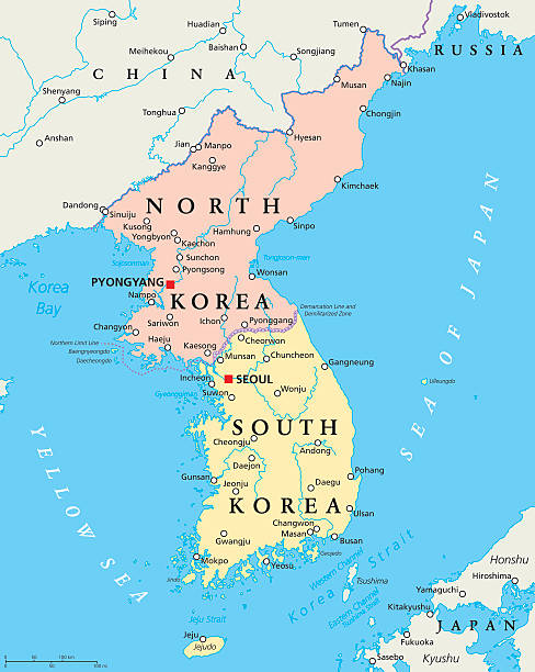 North Korea and South Korea Political Map North Korea and South Korea political map with capitals Pyongyang and Seoul. Korean peninsula, national borders, important cities, rivers and lakes. English labeling and scaling. Illustration.Illustration. peninsula stock illustrations