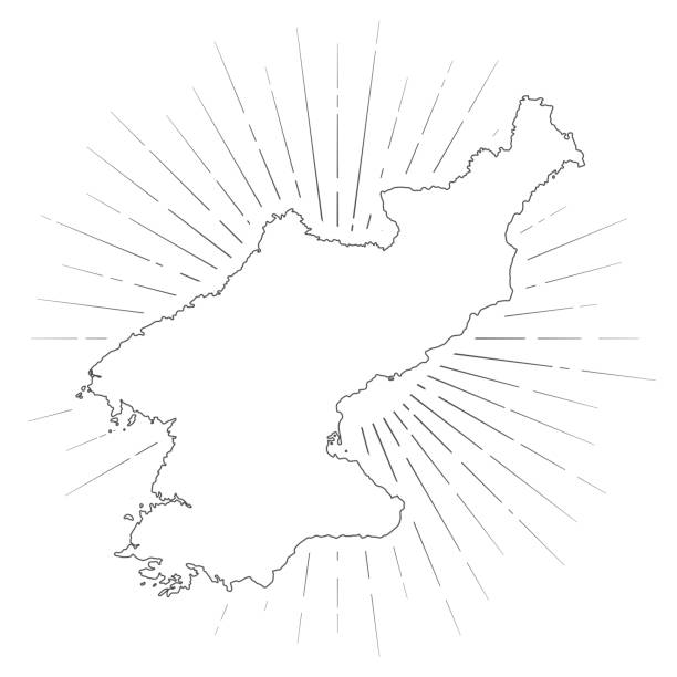 백색 배경에 태양광선이 있는 북한 지도 - north korea stock illustrations