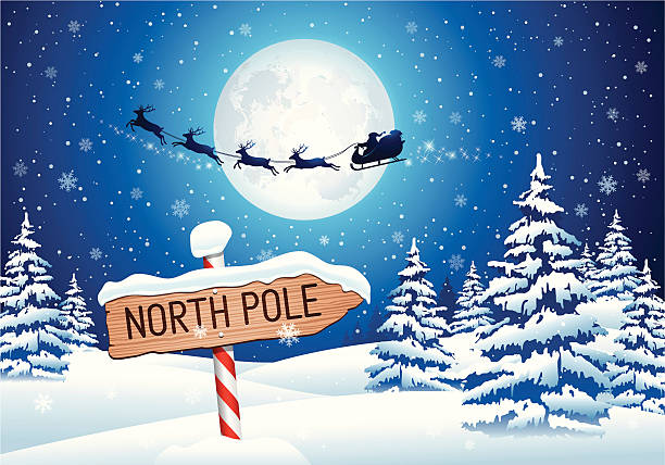 North Pole Sign with Santa Clause Vector illustration of North Pole sign with Santa's sleigh. Hi-res jpg included (5578x3900px) and EPS-8 file. arctic stock illustrations