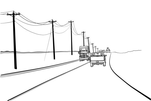 Northern Canada Rural Highway Vector drawing of a rural highway in Canada with a flat bed truck and a semi driving down the road. truck drawings stock illustrations